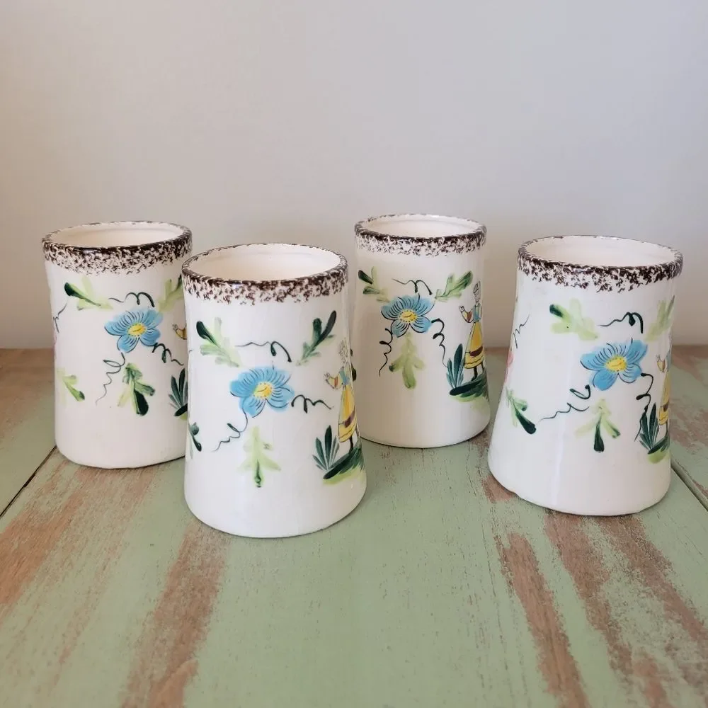 Dutch Folk Art Ceramic Cups • Hand-Painted Japan (Set of 4) 🌸